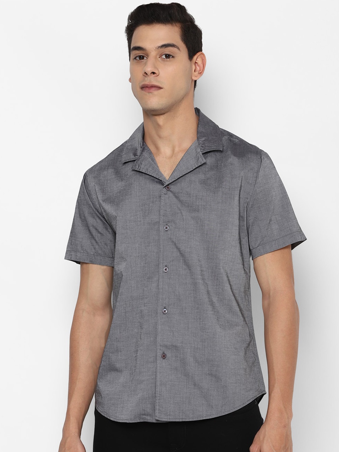 

FOREVER 21 Men Grey Classic Opaque Lapel Collar Cotton Casual Shirt