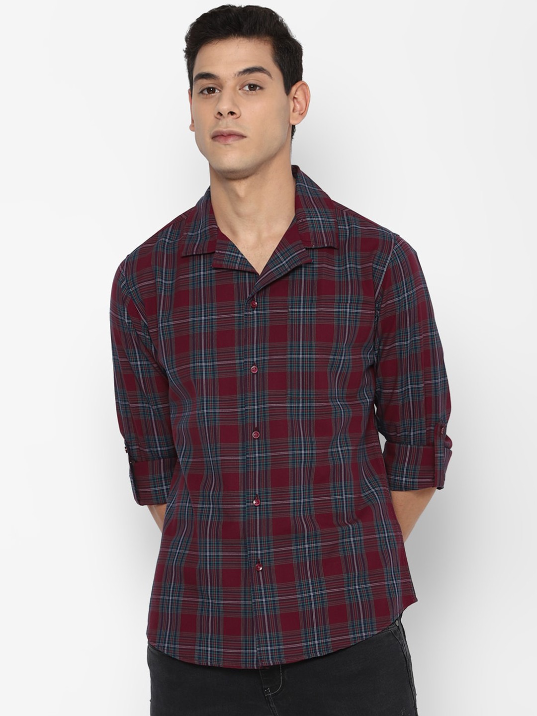 

FOREVER 21 Men Blue & Maroon Classic Opaque Tartan Checked Cotton Casual Shirt
