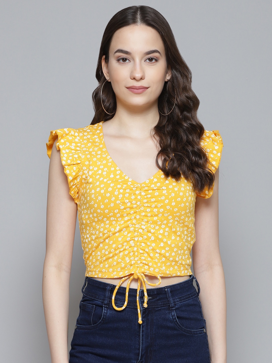 

VividArtsy Mustard Yellow & White Ditsy Floral Print Ruched Fitted Crop Top