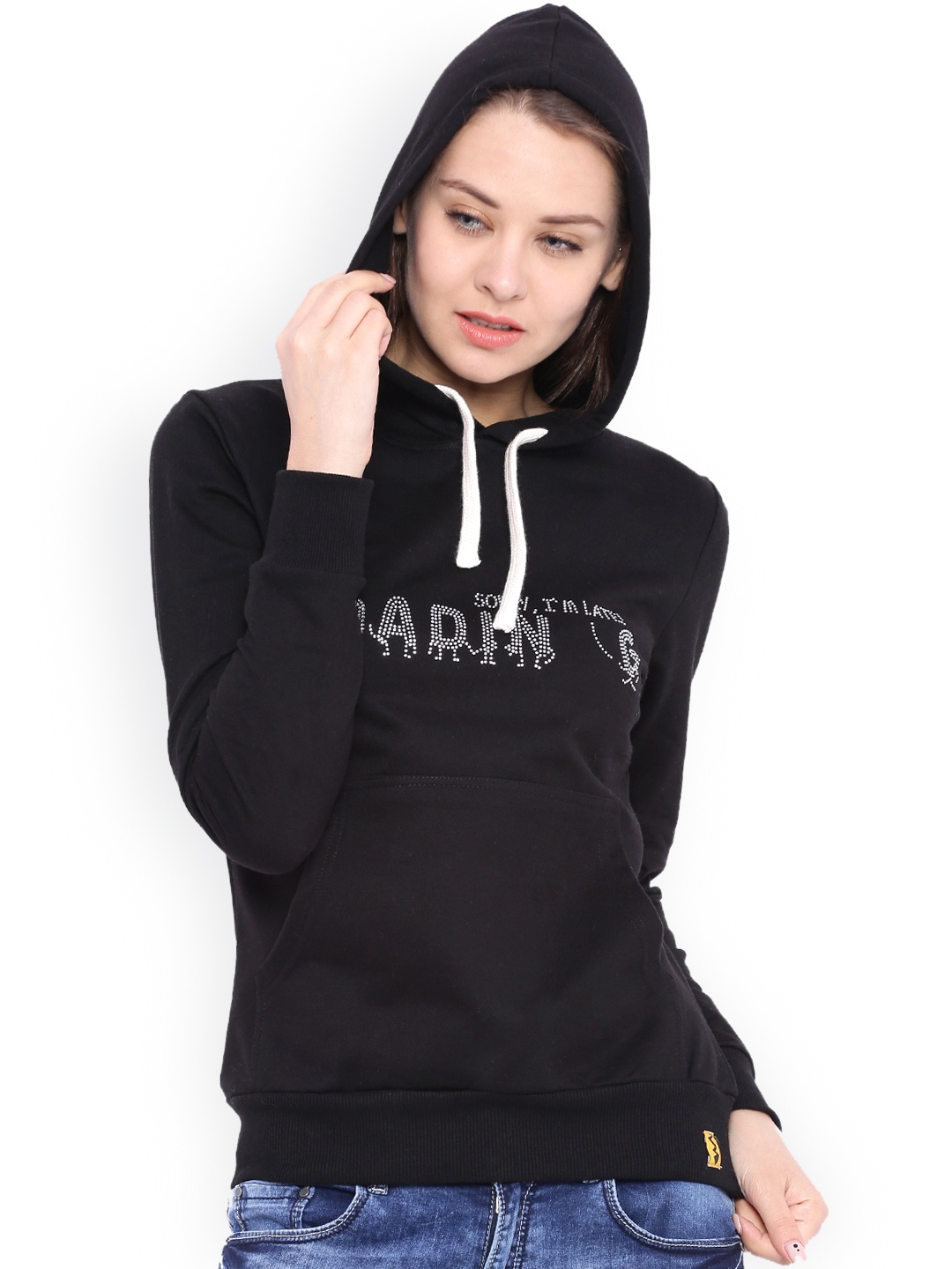 

Campus Sutra Black Hooded Sweatshirt with Embellished Detail