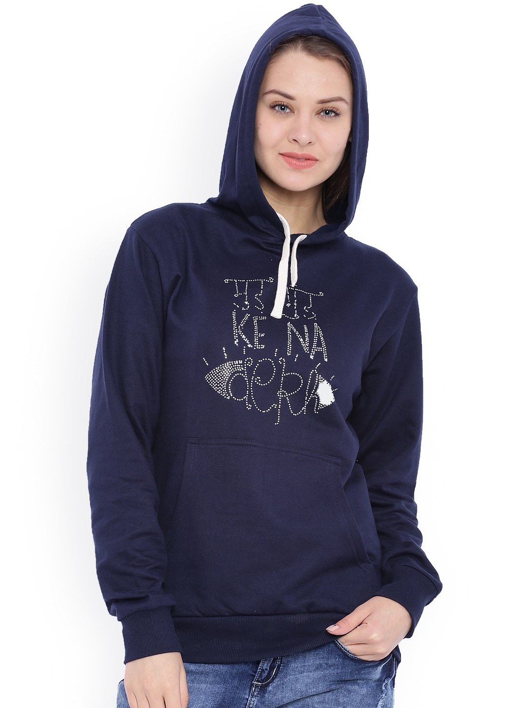 

Campus Sutra Navy Hooded Sweatshirt, Navy blue