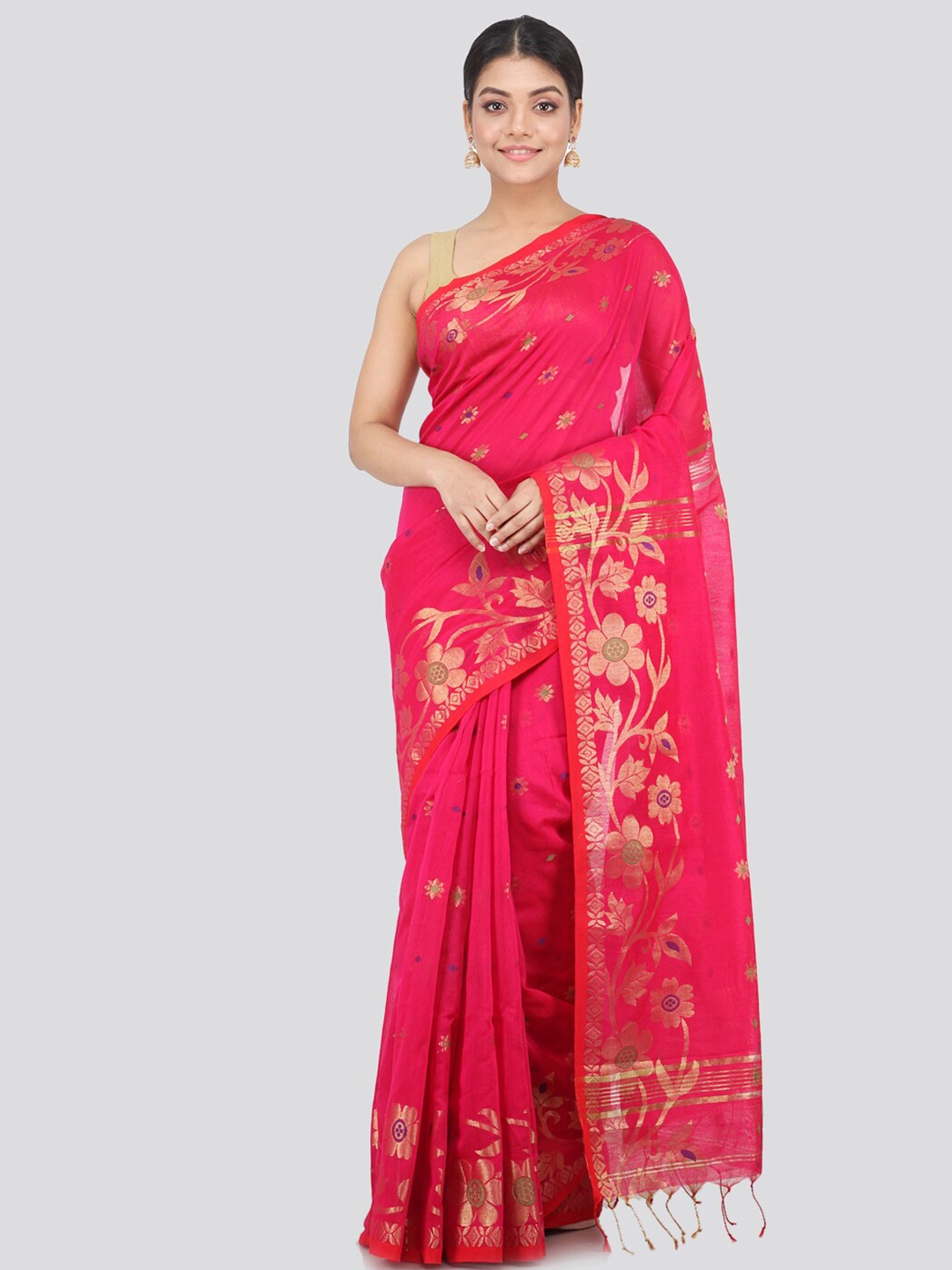 

PinkLoom Pink & Gold-Toned Floral Handloom Sustainable Saree