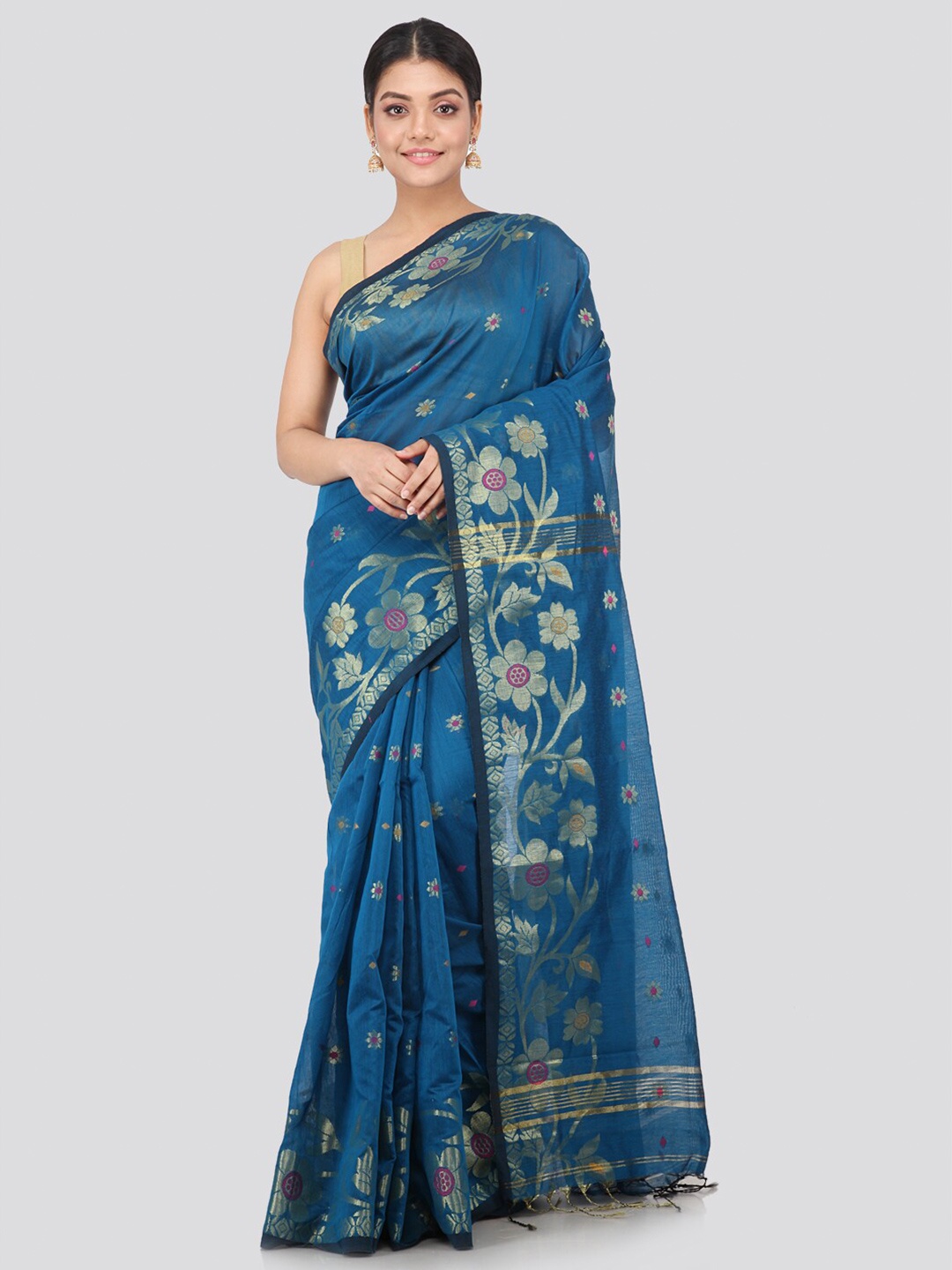 

PinkLoom Blue & Gold-Toned Woven Design Handloom Sustainable Saree