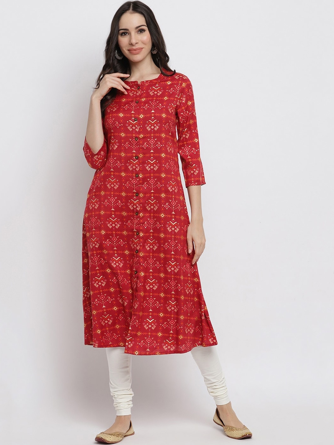 

IMARA Women Red & Orange Ethnic Motifs Printed Liva A-line Kurta