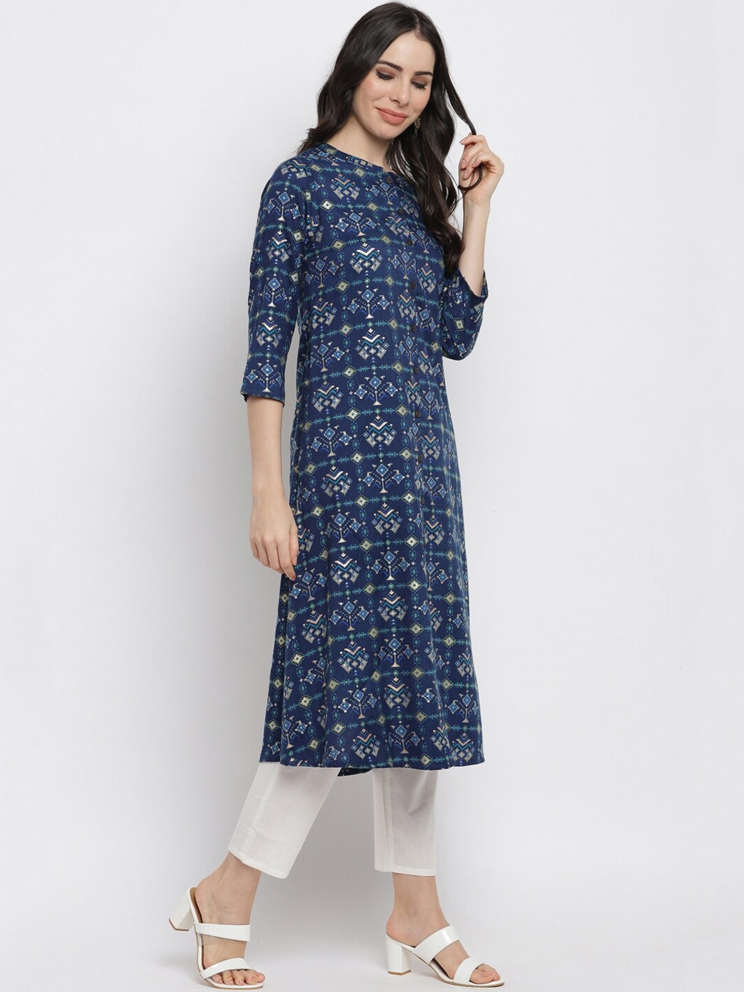 

IMARA Women Blue & Beige Ethnic Motifs Printed Liva A-line Kurta