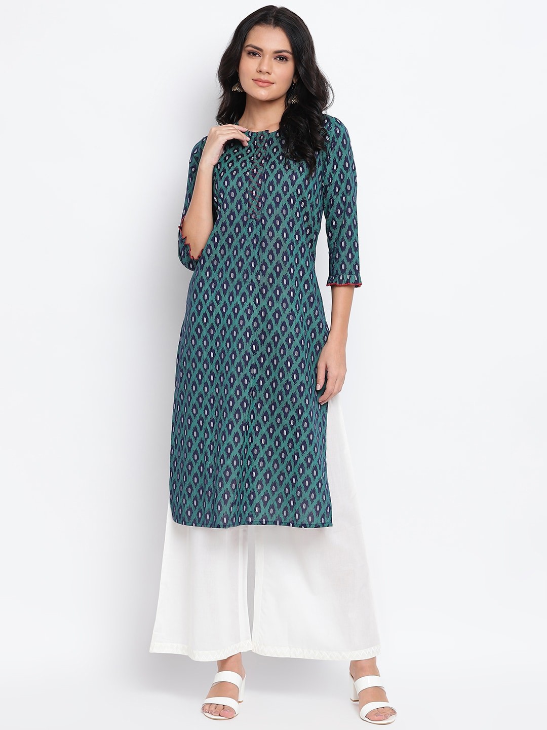 

IMARA Women Navy Blue & Green Ethnic Motifs Printed Kurta