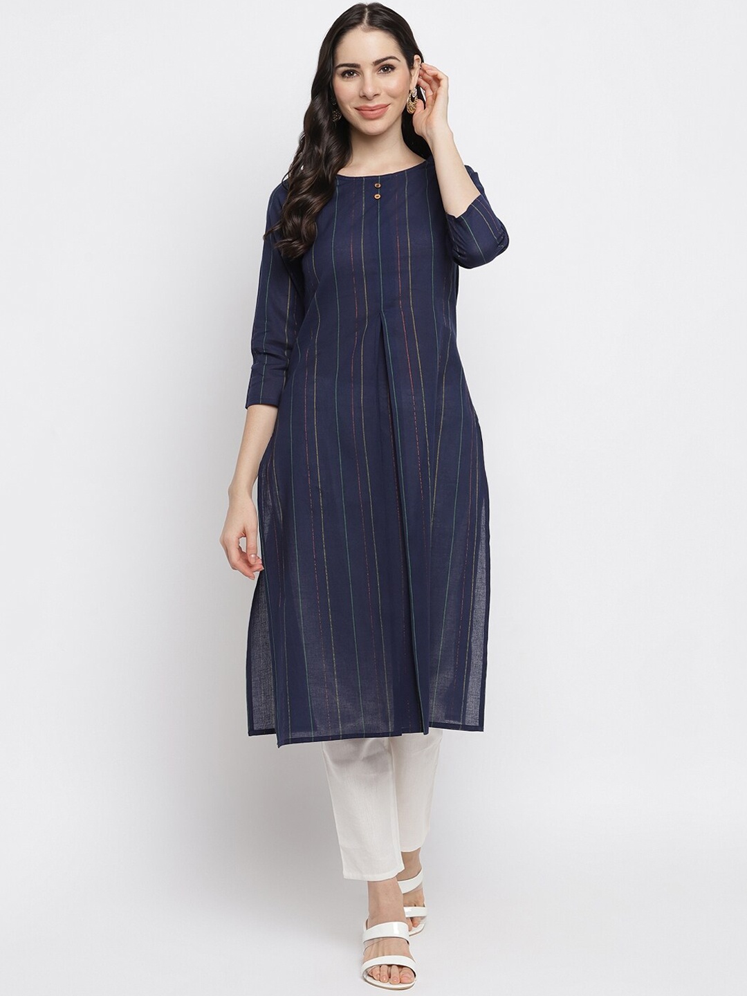 

IMARA Women Navy Blue Striped A-line Kurta