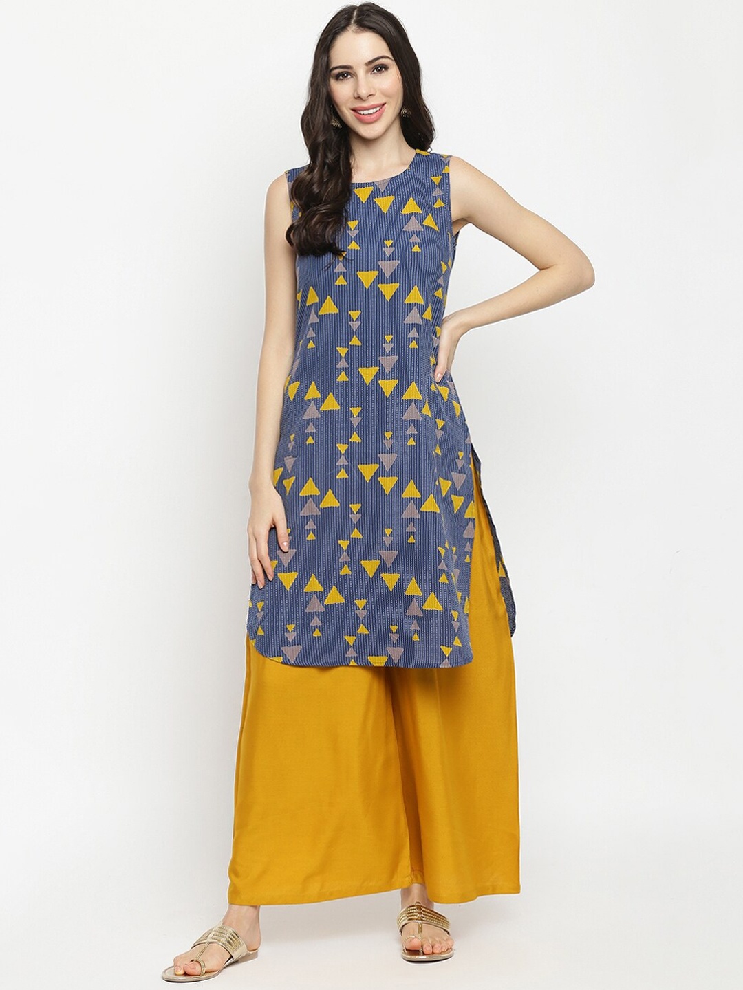 

IMARA Women Grey & Yellow Geometric Printed Liva A-line Kurta