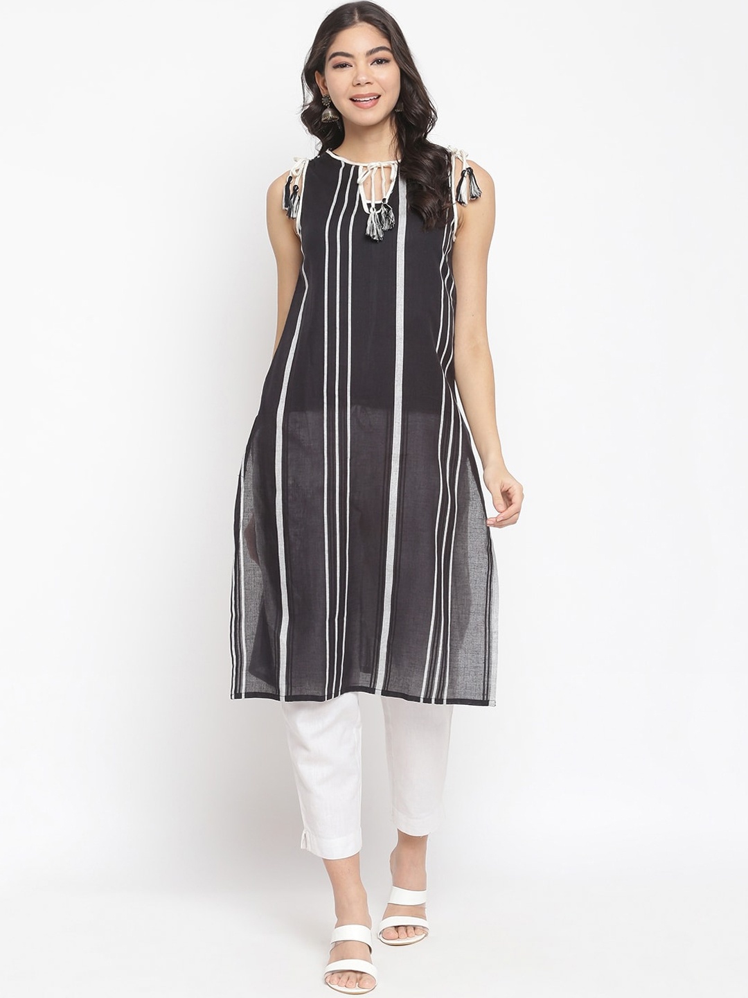 

IMARA Women Black & White Striped Tie-Up Neck Pure Cotton Kurta