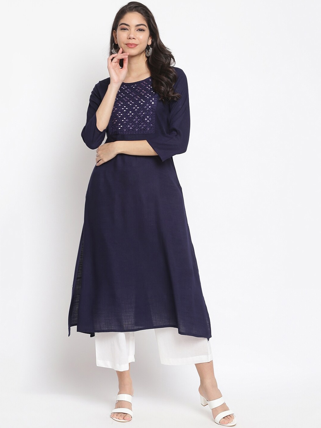 

IMARA Women Navy Blue Yoke Design Mirror Work Pure Liva Kurta