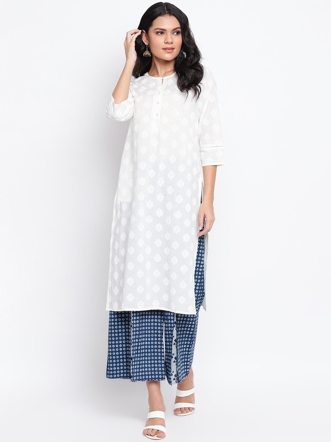 

IMARA Women Off White Ethnic Motifs Pure Cotton Straight Kurta