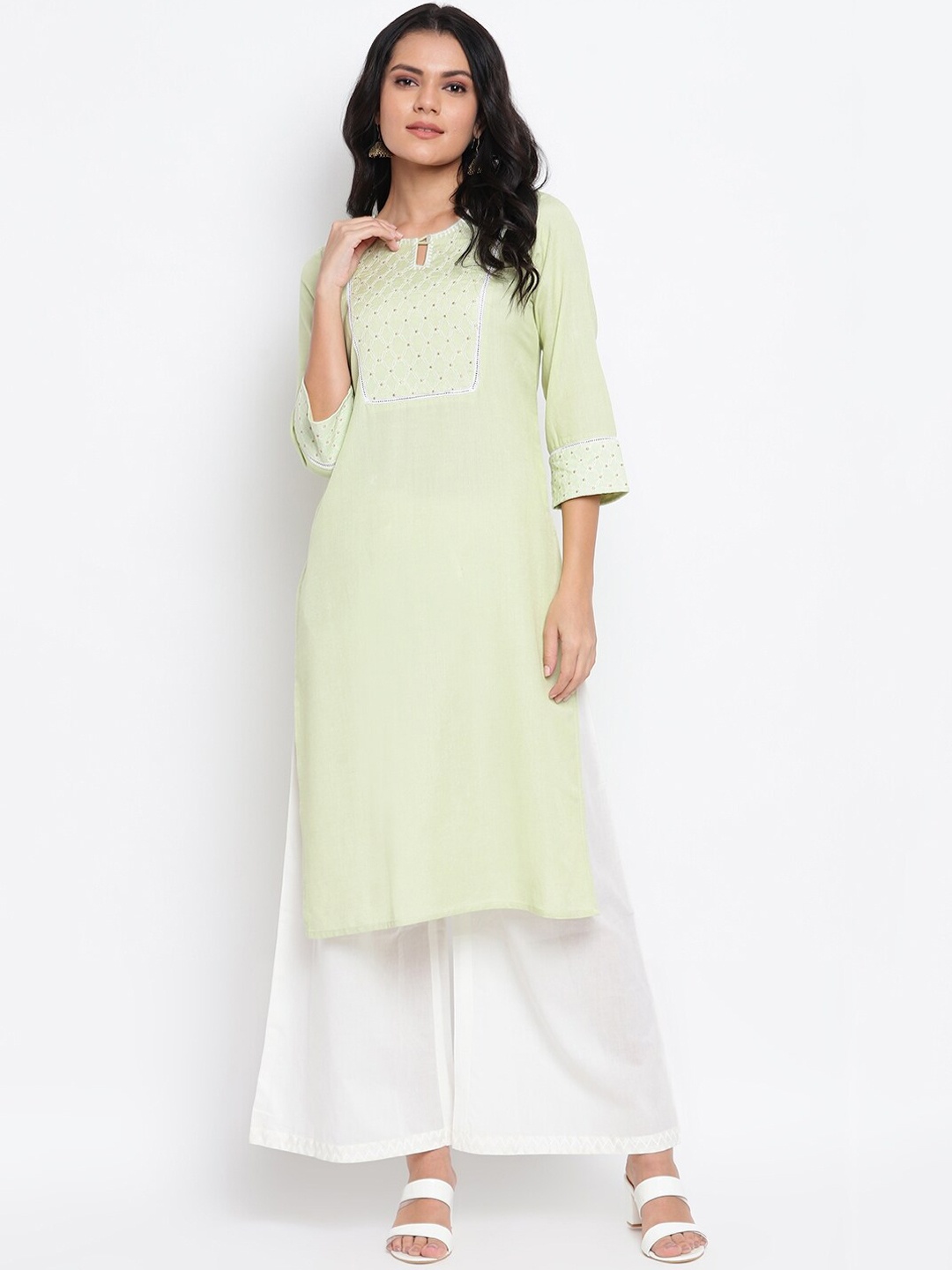 

IMARA Women Sea Green Yoke Design Thread Work Pastels Kurta