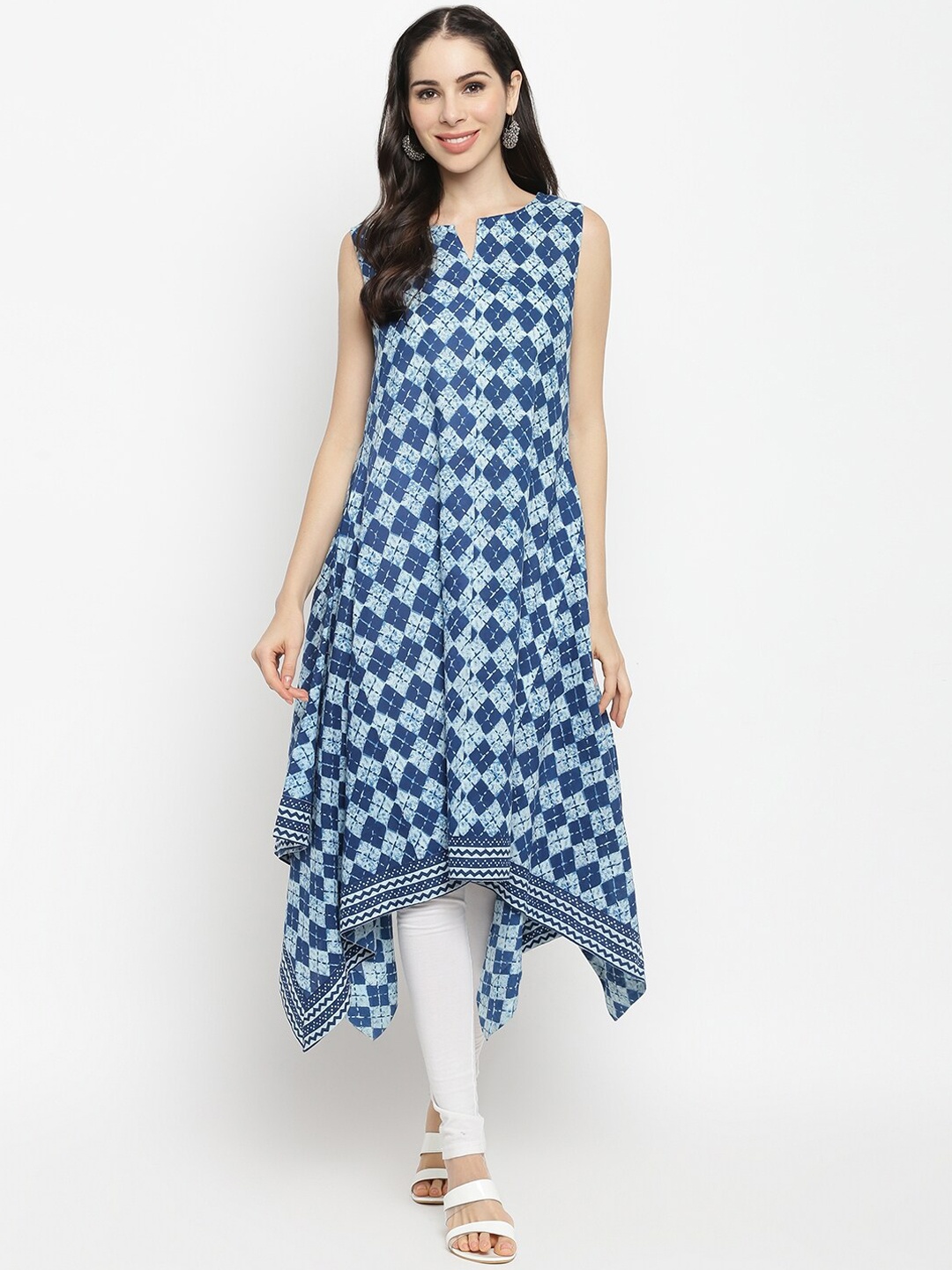

IMARA Women Blue & White Geometric Printed Pure Cotton A-Line Kurta