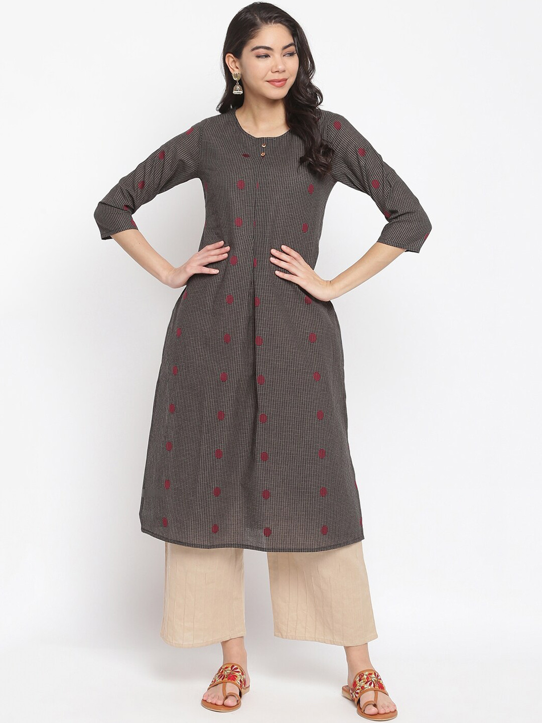 

IMARA Women Black & Beige Checked Pure Cotton Kurta