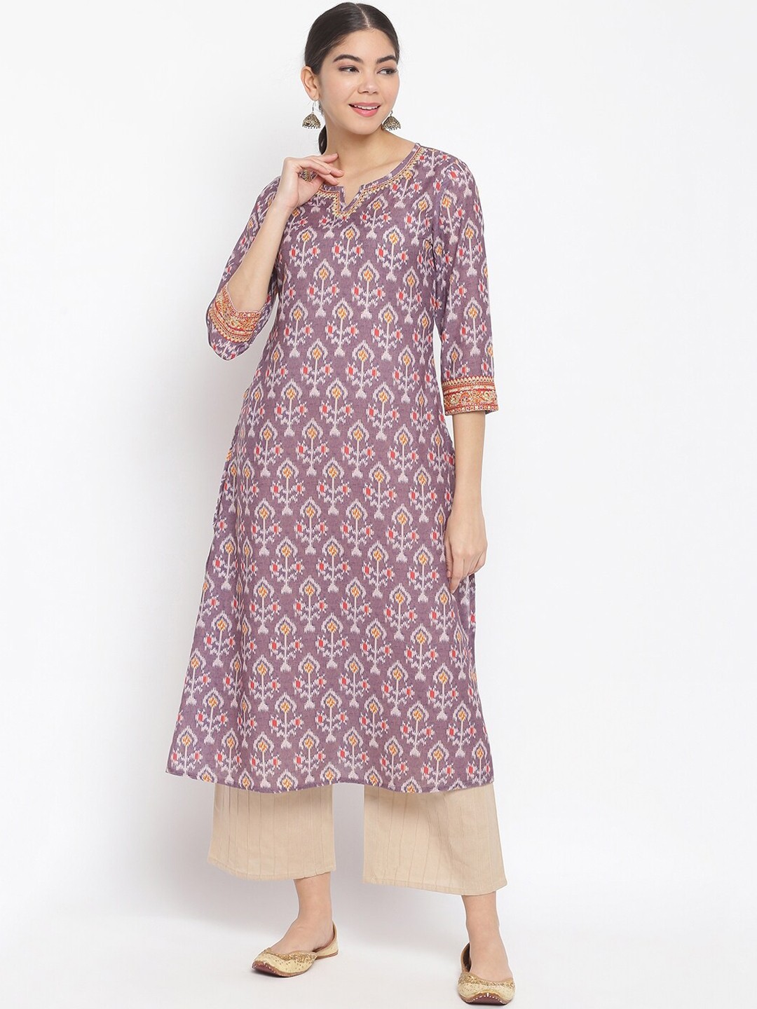 

IMARA Women Purple & Beige Ethnic Motifs Printed Kurta