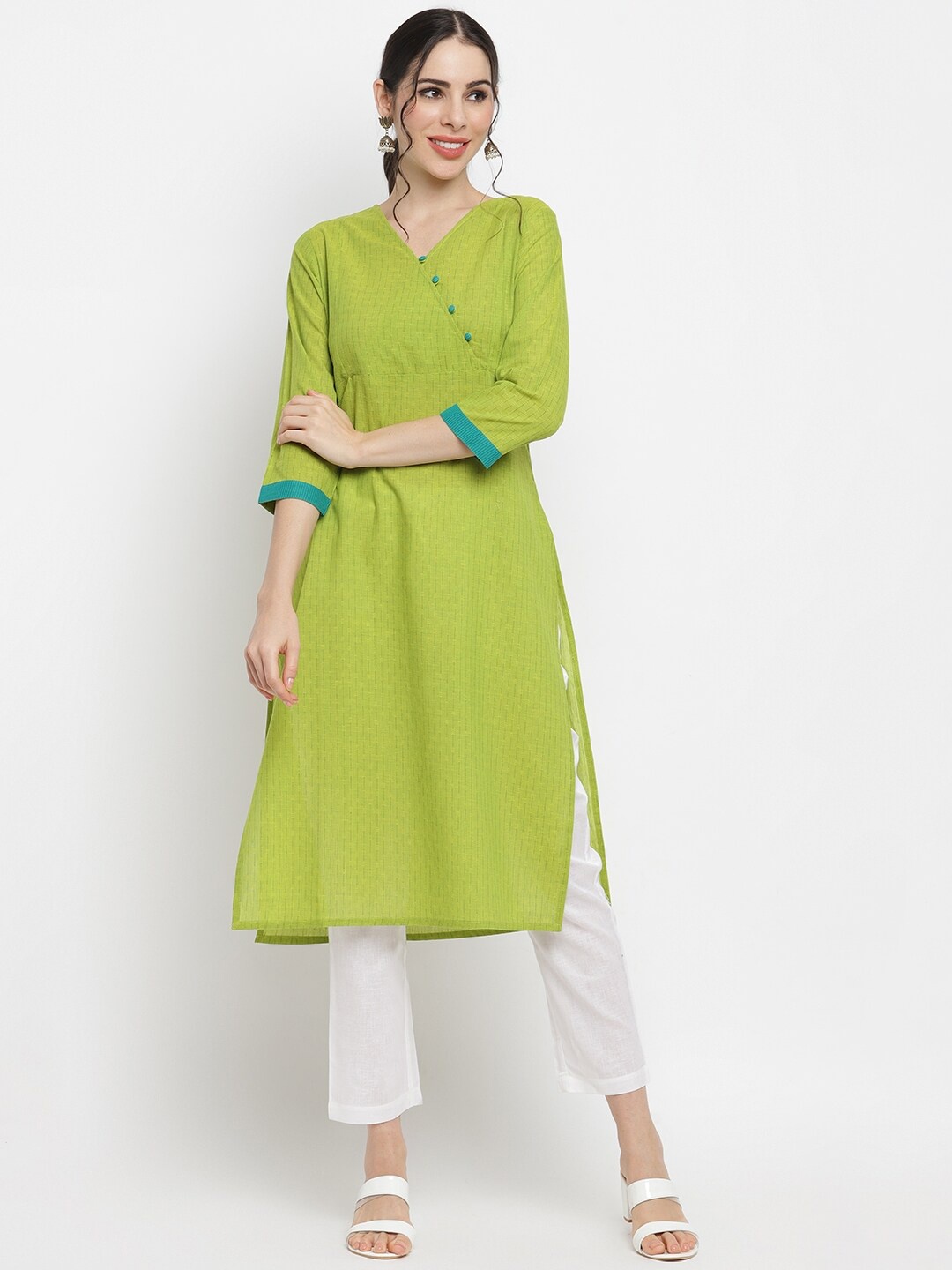 

IMARA Women Lime Green Striped Pure Cotton Angrakha Kurta