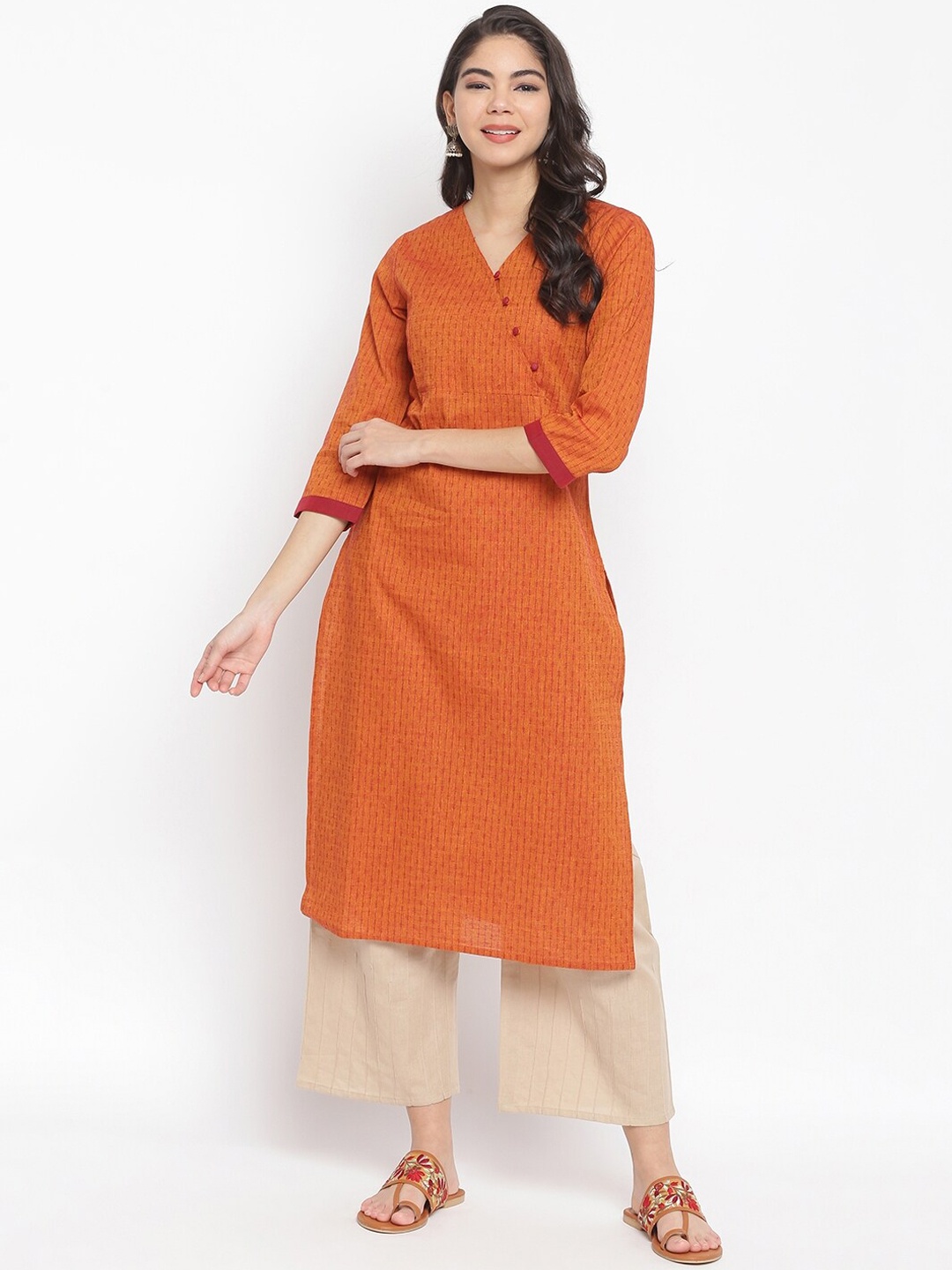 

IMARA Women Rust Orange Striped Pure Cotton Angrakha Kurta