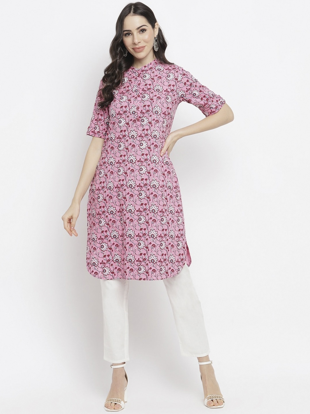 

IMARA Women Pink & White Floral Printed Pure Cotton Kurta