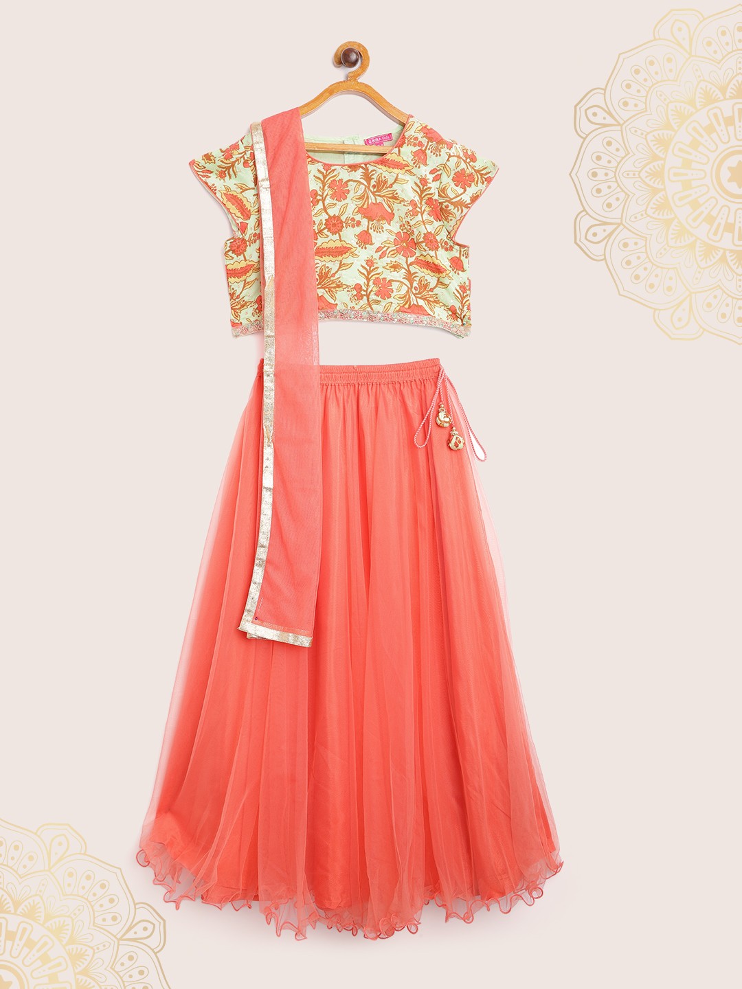 

Biba Girls Coral Orange & Green Printed Ready to Wear Lehenga & Blouse With Dupatta
