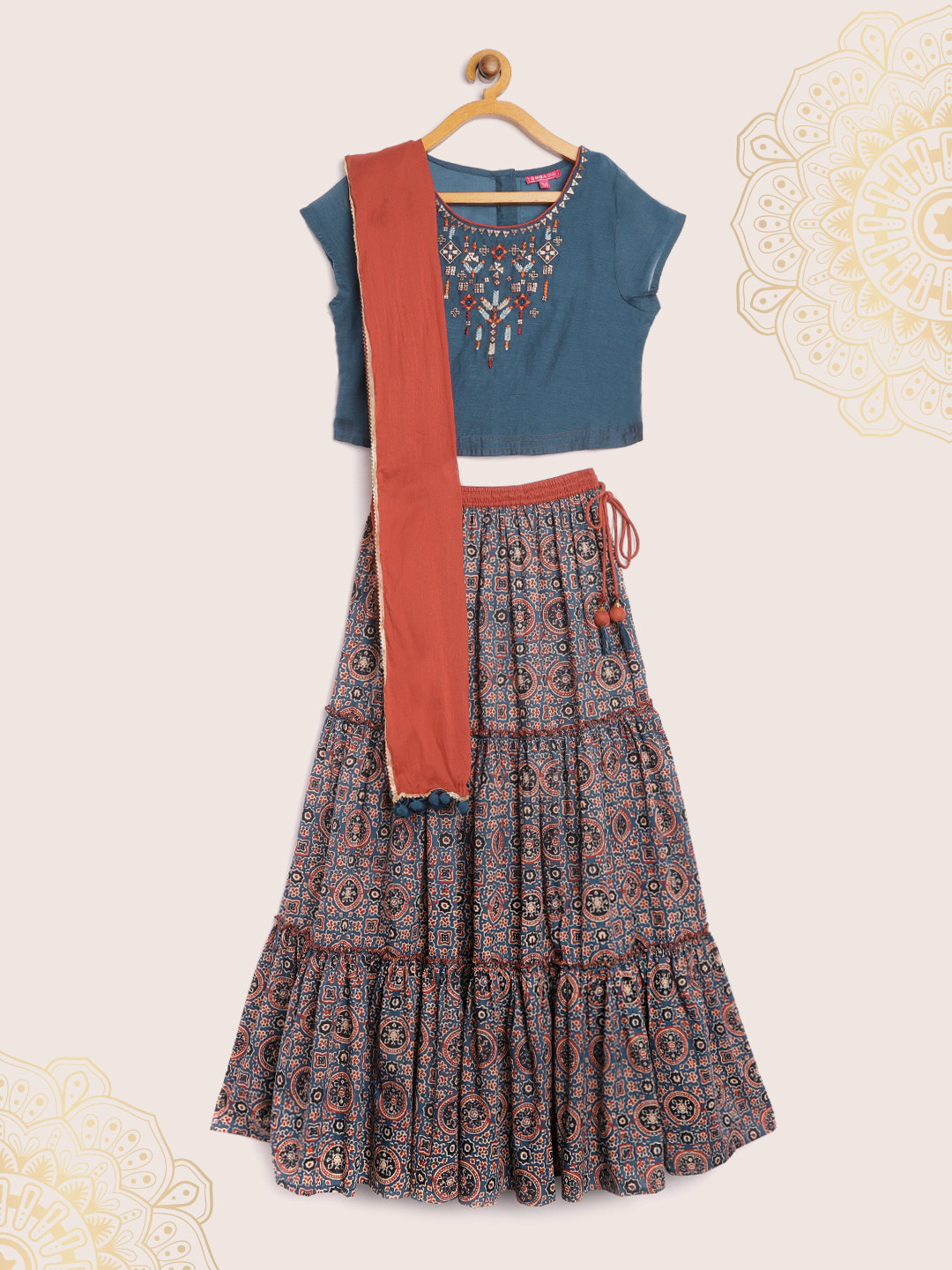 

Biba Girls Teal Blue & Rust Red Ethnic Print Ready to Wear Lehenga & Blouse With Dupatta