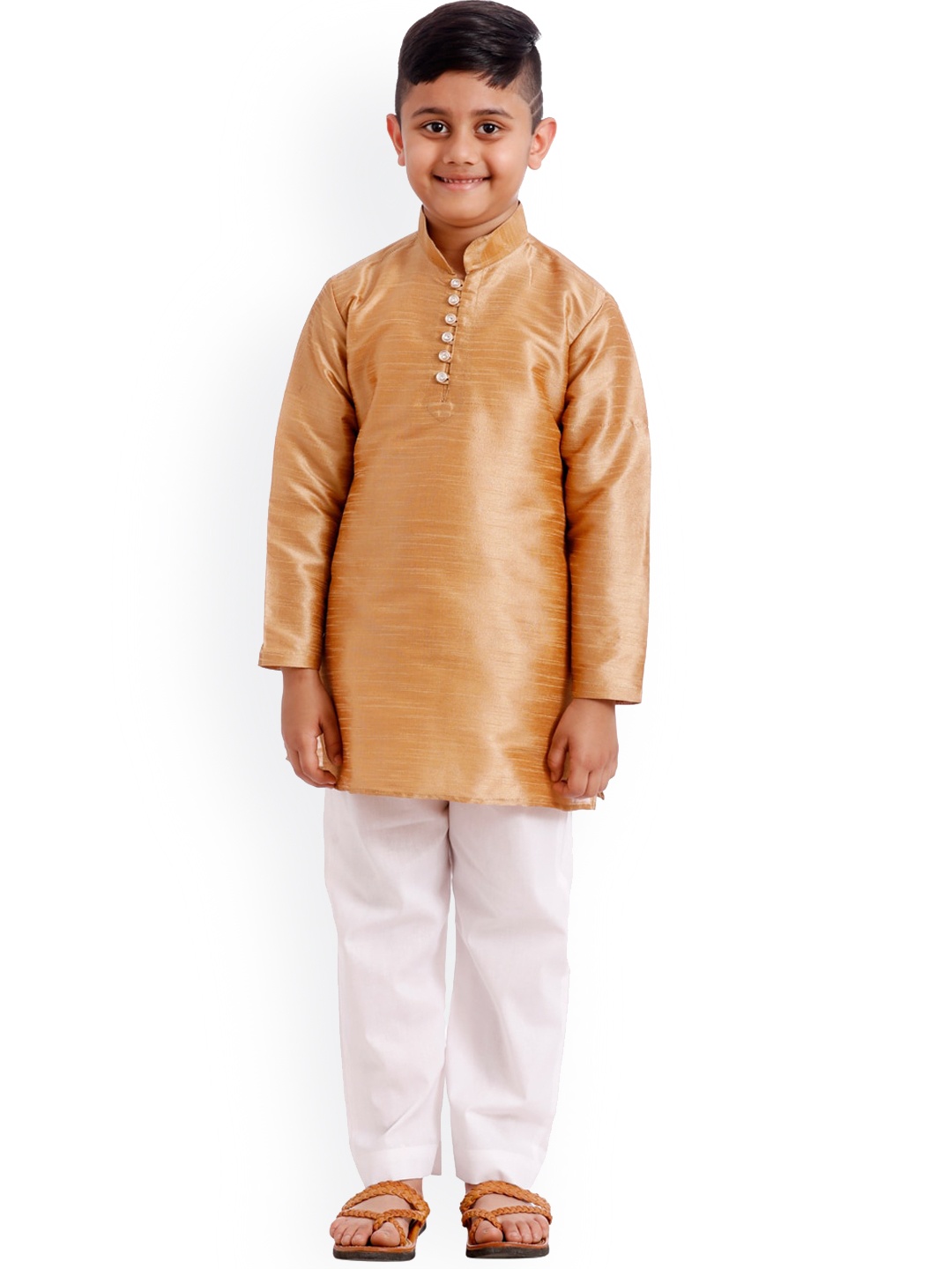 

SOULFULLY INDIAN Boys Gold-Toned & White Solid Silk Blend Regular Kurta with Pyjamas