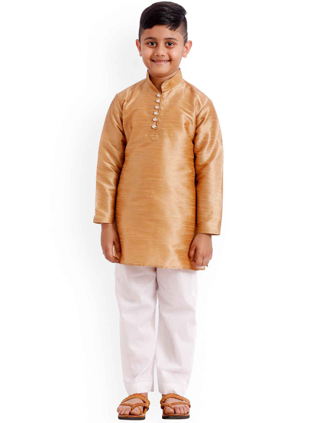 

SOULFULLY INDIAN Boys Gold-Toned& White Solid Regular Kurta with Pyjamas