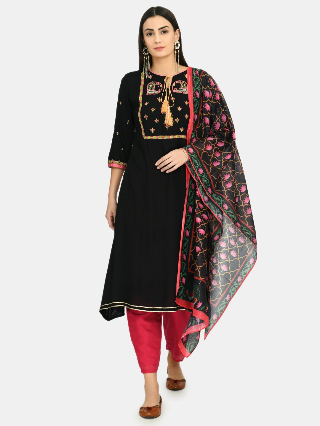 

Myshka Women Black Floral Embroidered Regular Thread Work Kurta with Trousers & With Dupatta