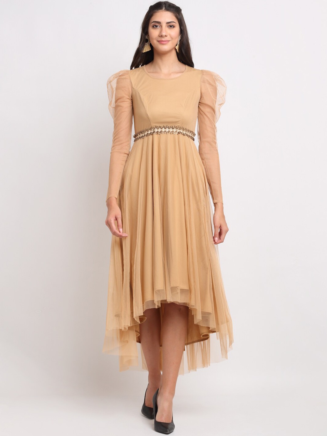 

Just Wow Women Coffee Brown Sequined Linen Net Midi Dress