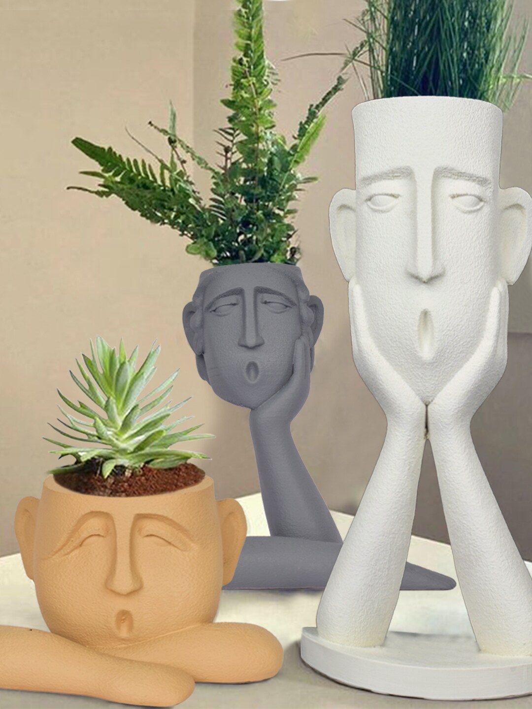 

THE ARTMENT Set of 3 Surprised Faces Planters, Grey
