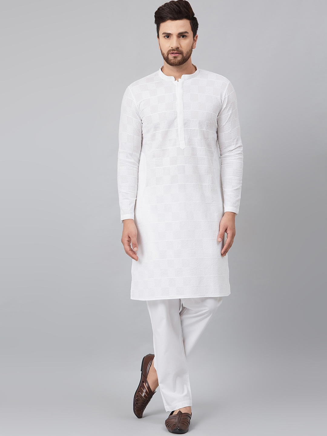 

See Designs Men White Chikankari Embroidered Regular Pure Cotton Kurta with Pyjamas