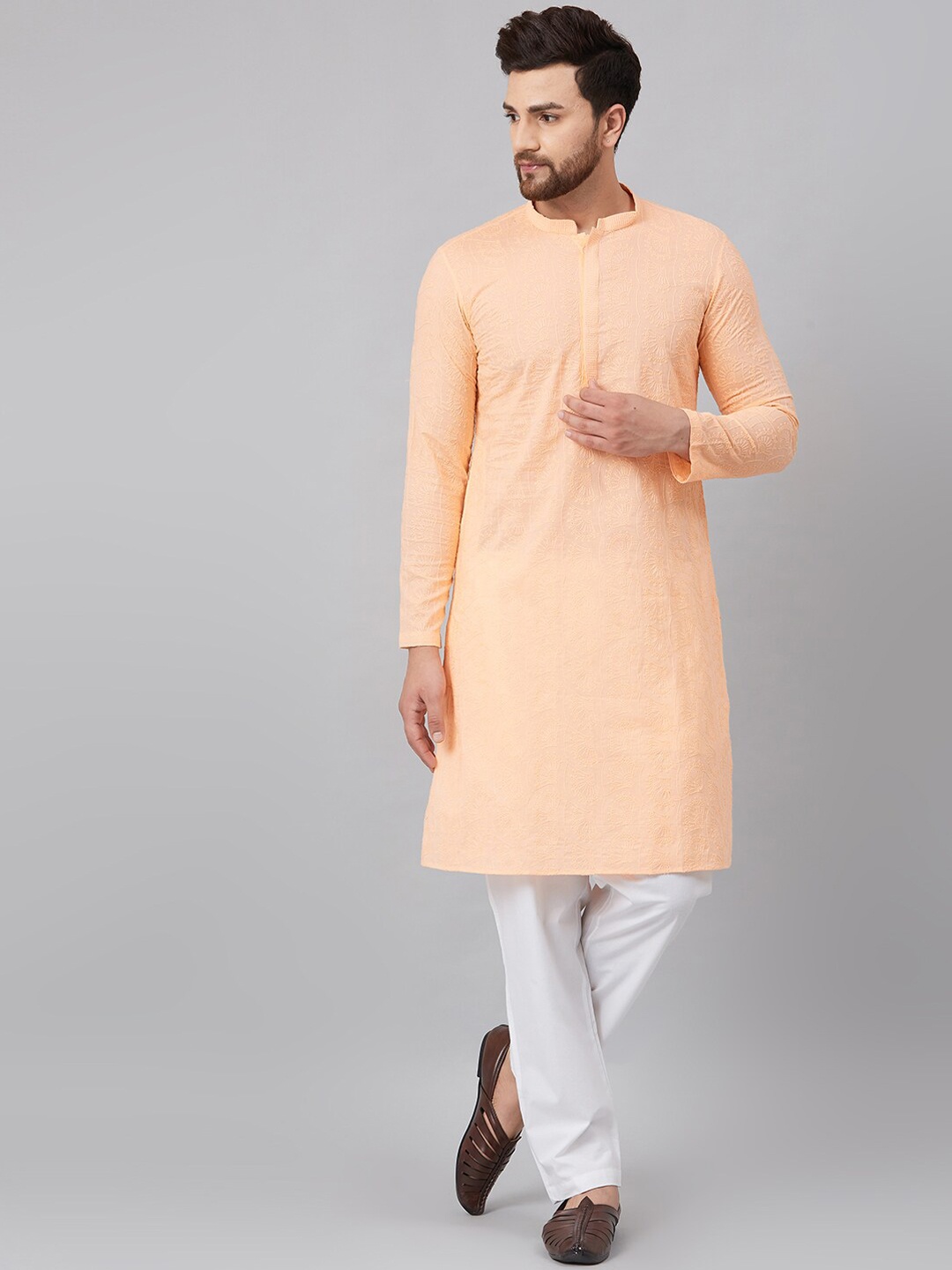 

See Designs Men Peach & White Embroidered Chikankari Kurta with Pyjamas
