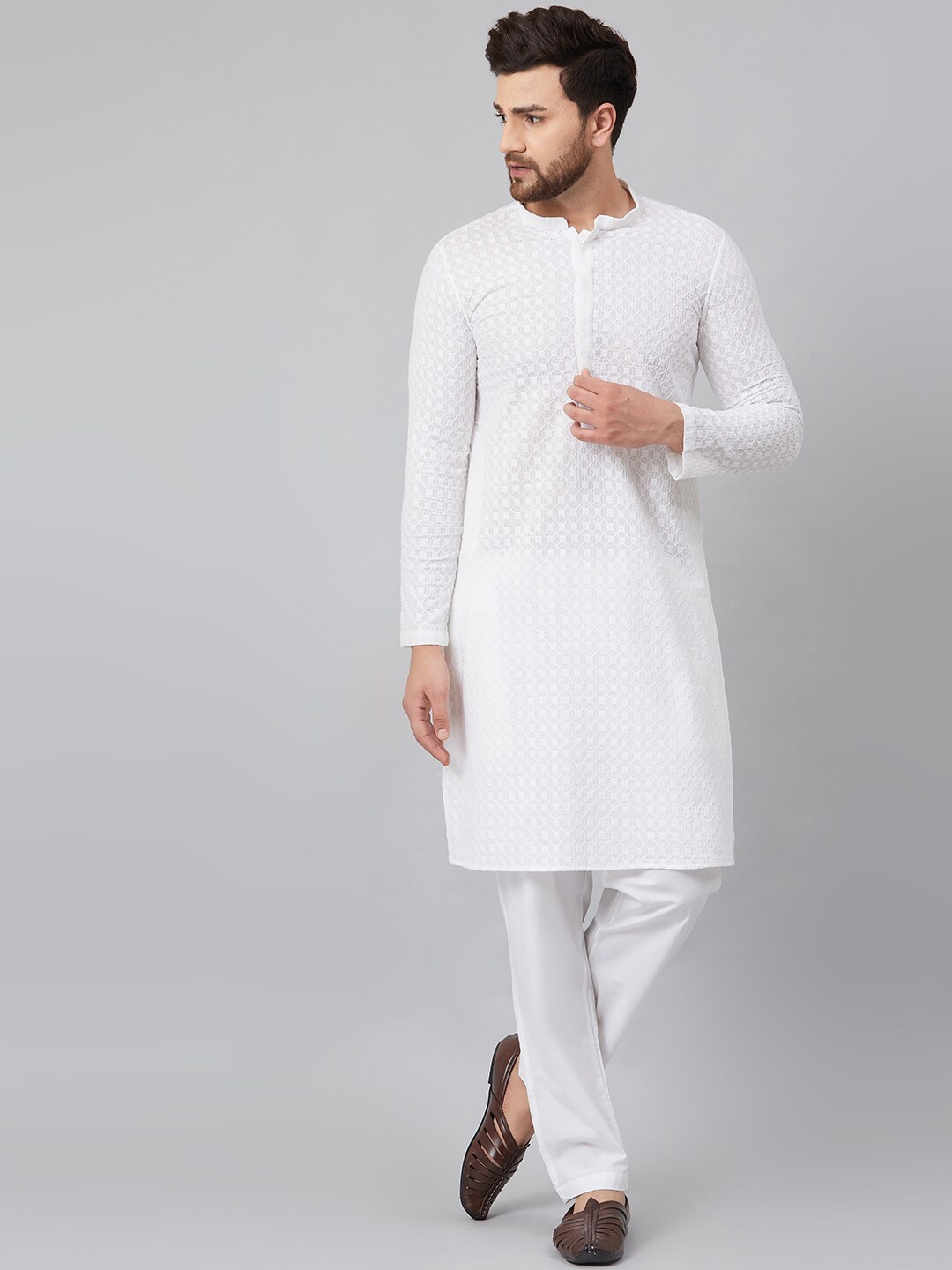 

See Designs Men White Chikankari Embroidered Regular Pure Cotton Kurta with Pyjamas
