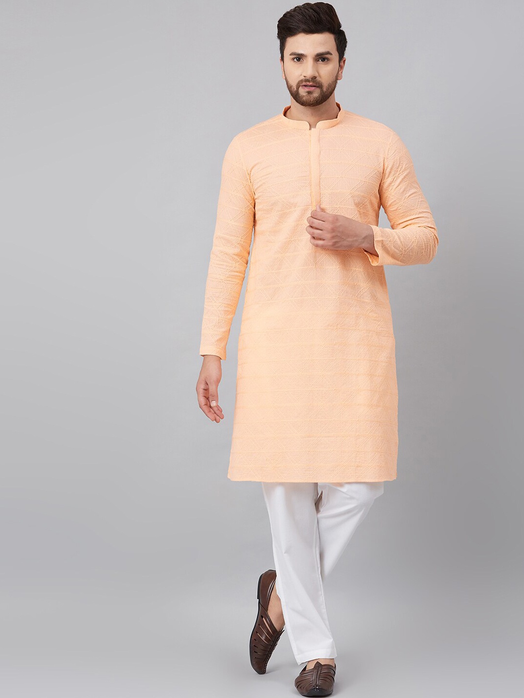 

See Designs Men Peach & White Embroidered Chikankari Cotton Kurta with Pyjamas