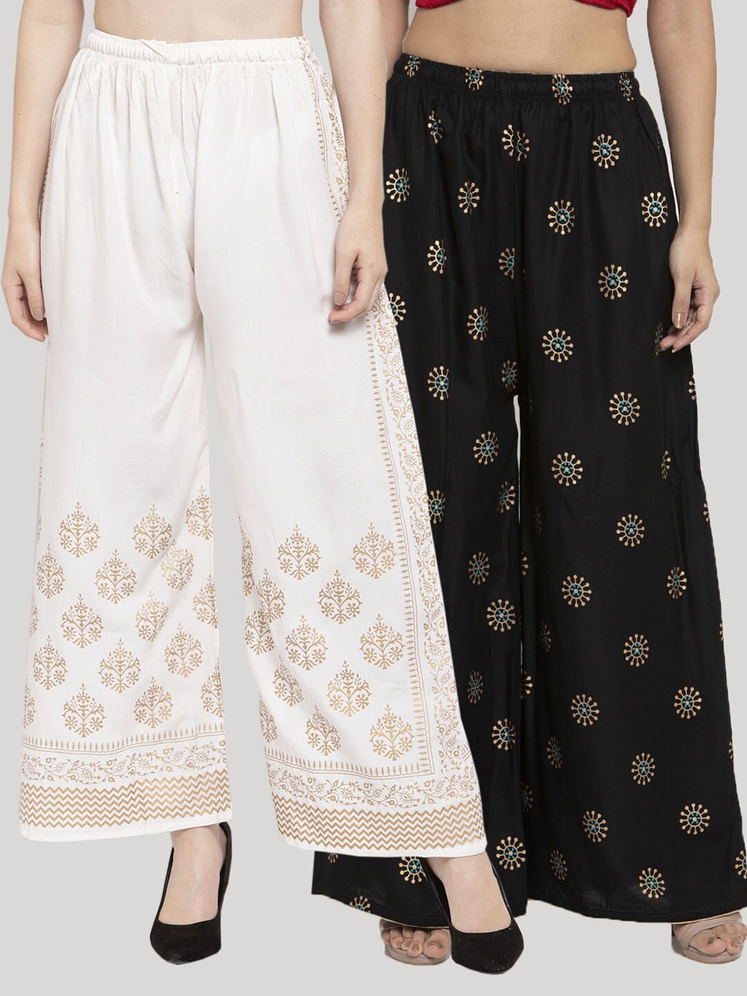 

Clora Creation Women Pack Of 2 White & Black Floral Printed Knitted Ethnic Palazzos
