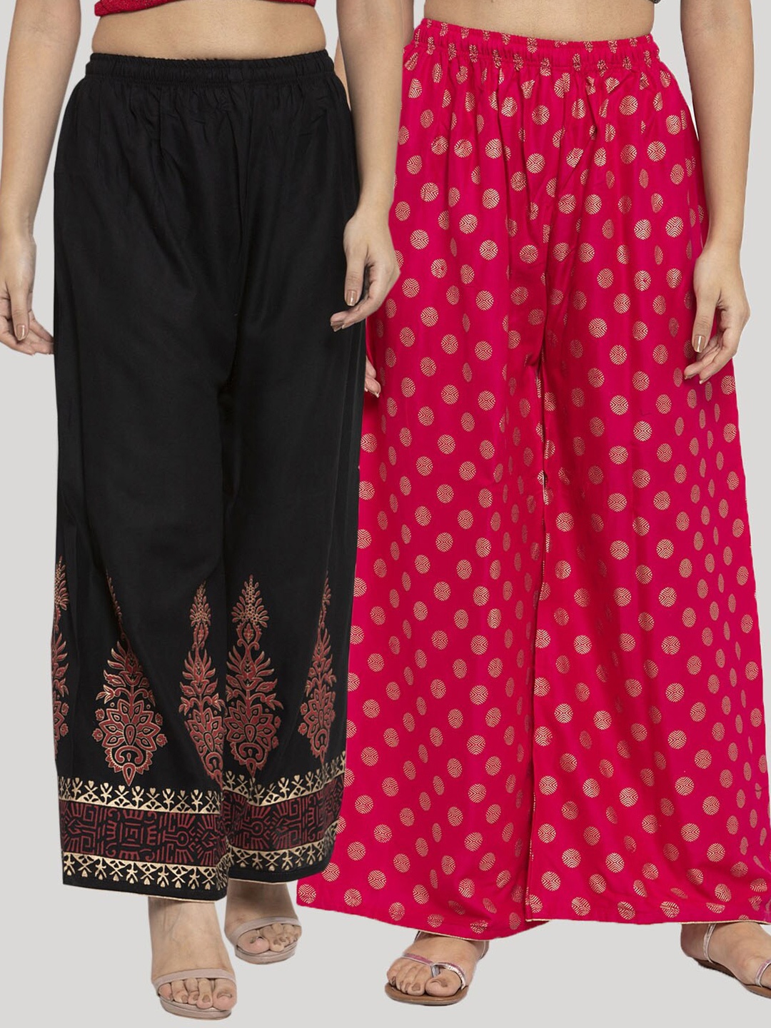 

Clora Creation Women Pack Of 2 Magenta & Black Floral Printed Wide-Leg Knitted Palazzos