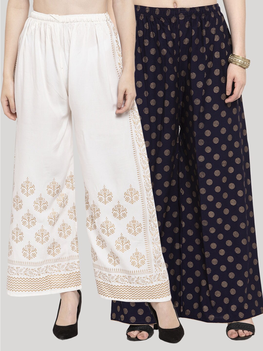 

Clora Creation Women Pack Of 2 White & Navy Blue Printed Knitted Palazzos