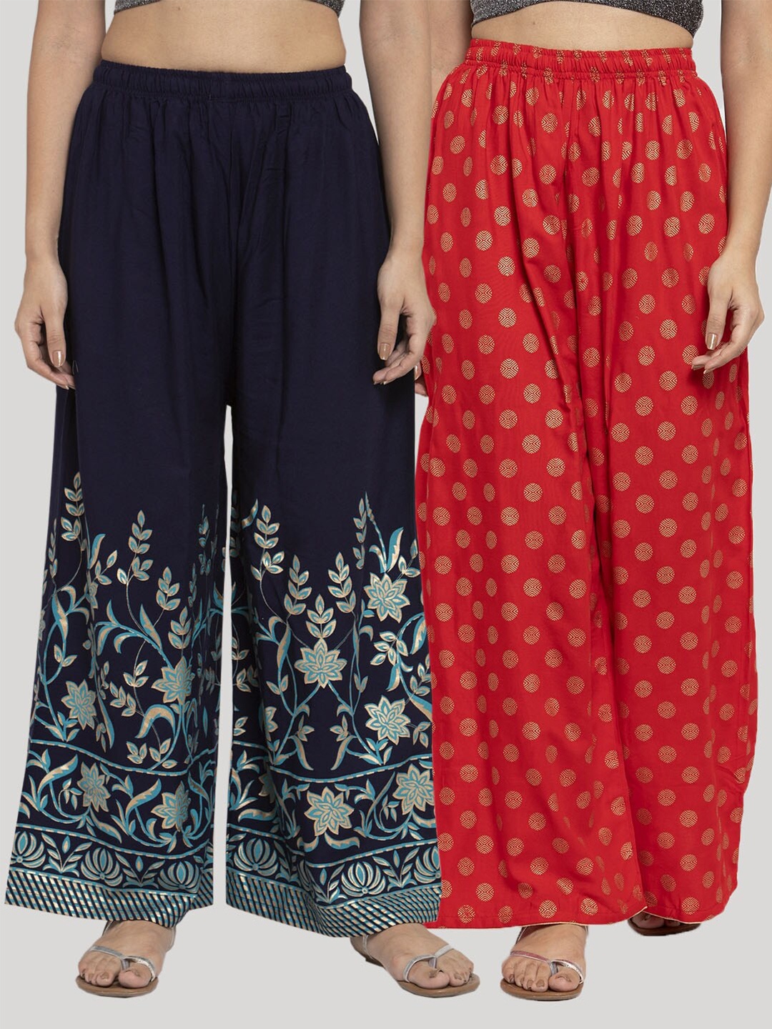

Clora Creation Women Pack Of 2 Navy Blue & Red Printed Knitted Palazzos