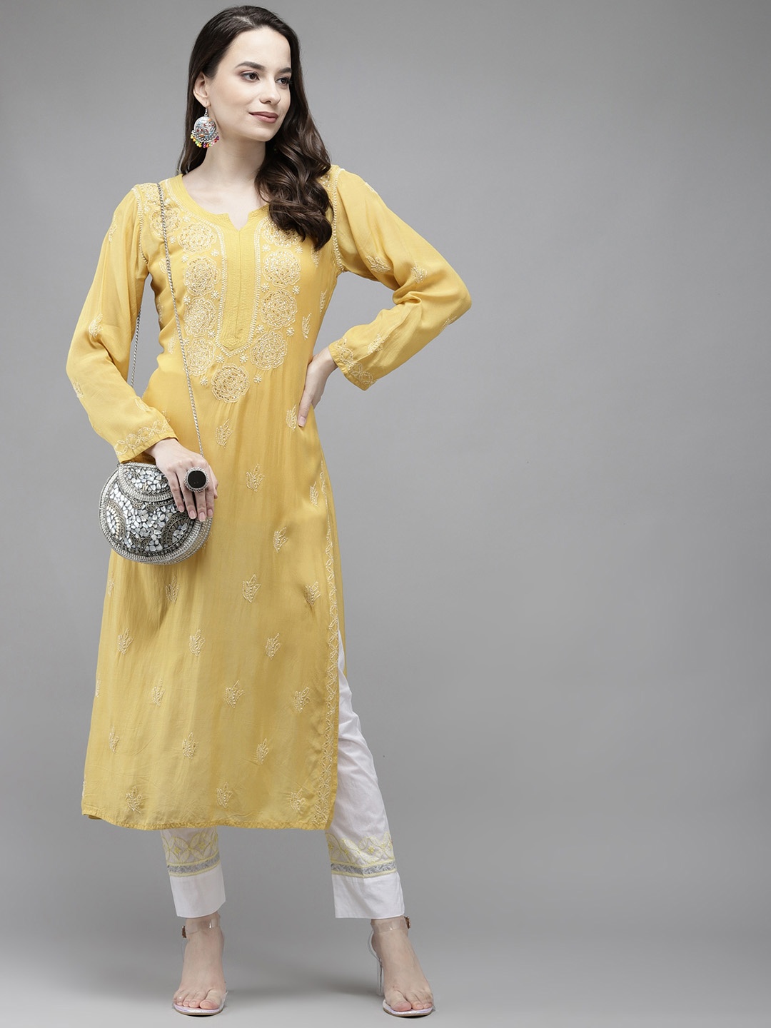

ADA Women Lime Green & Lime Green Ethnic Motifs Mukaish Handloom Kurta