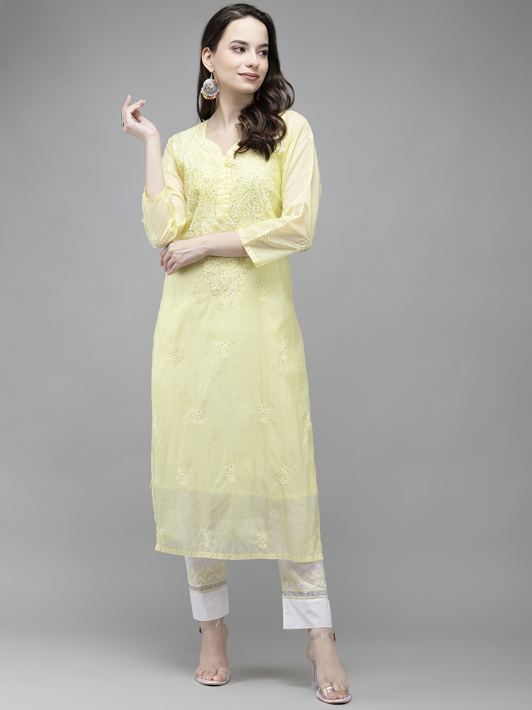 

ADA Women Yellow Ethnic Motifs Chikankari Kota Kurta with a Matching Slip
