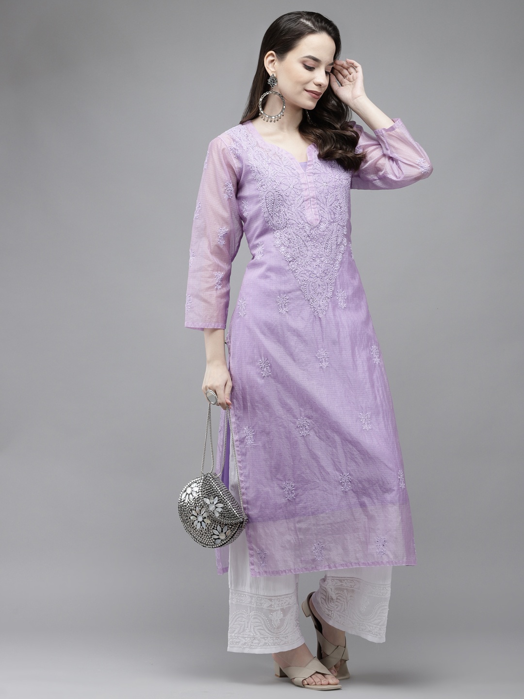 

ADA Women Mauve Ethnic Motifs Embroidered Chikankari Kurta with a Matching Slip