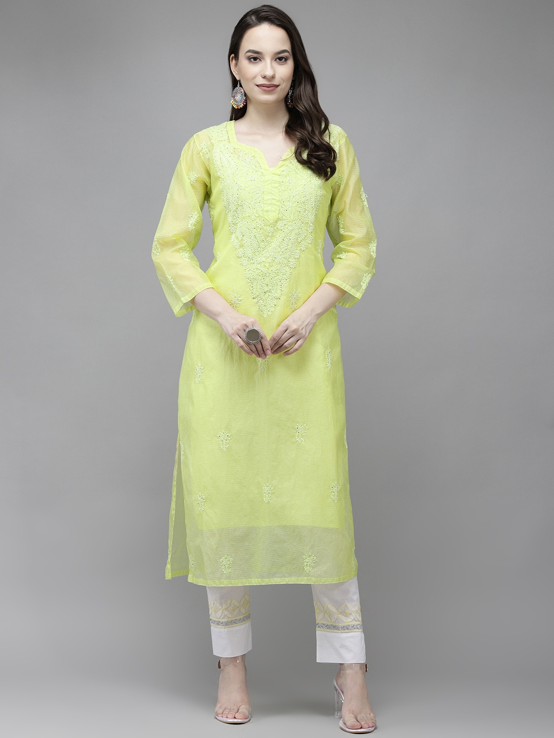 

ADA Women Green Ethnic Motifs Chikankari Kota Kurta with a Matching Slip