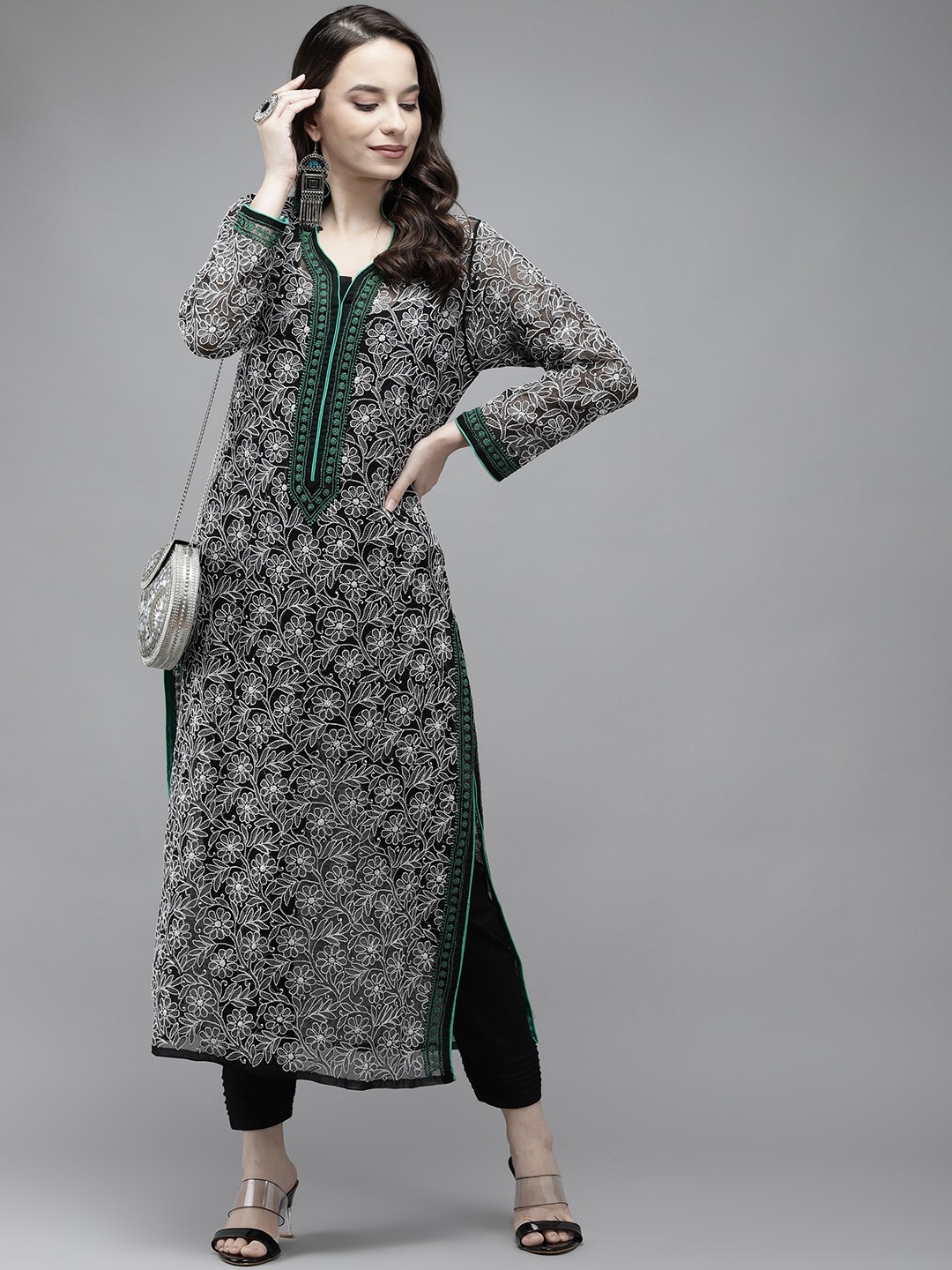 

ADA Women Black Floral Chikankari Georgette Handloom Kurta