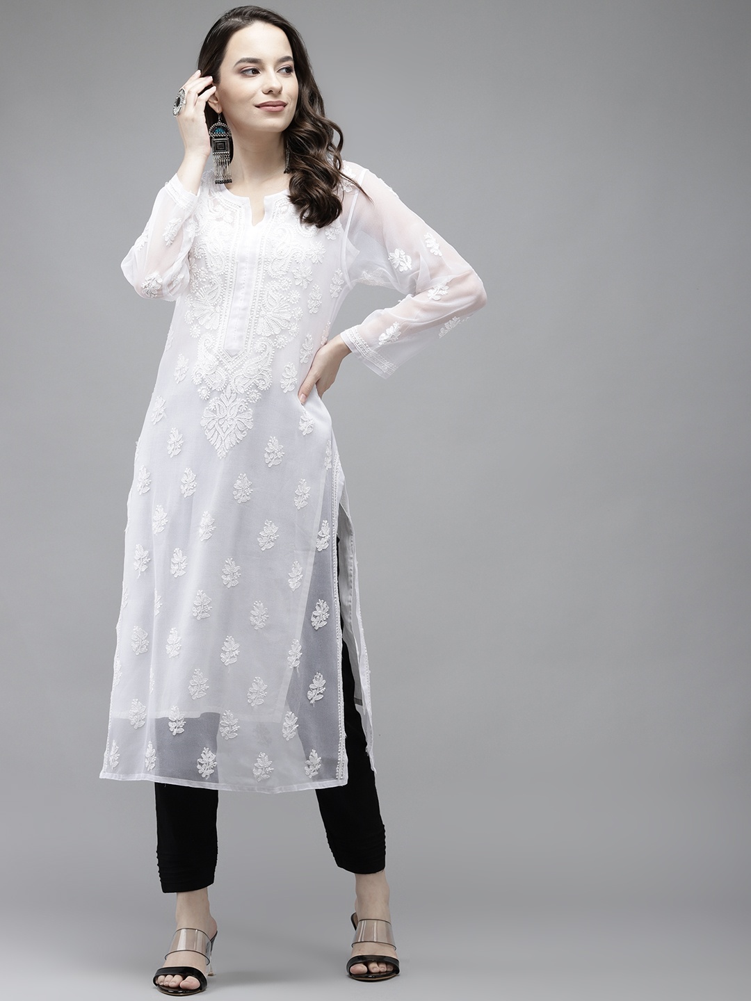 

ADA Women White Ethnic Motifs Regular Chikankari Handloom Kurta with Palazzos