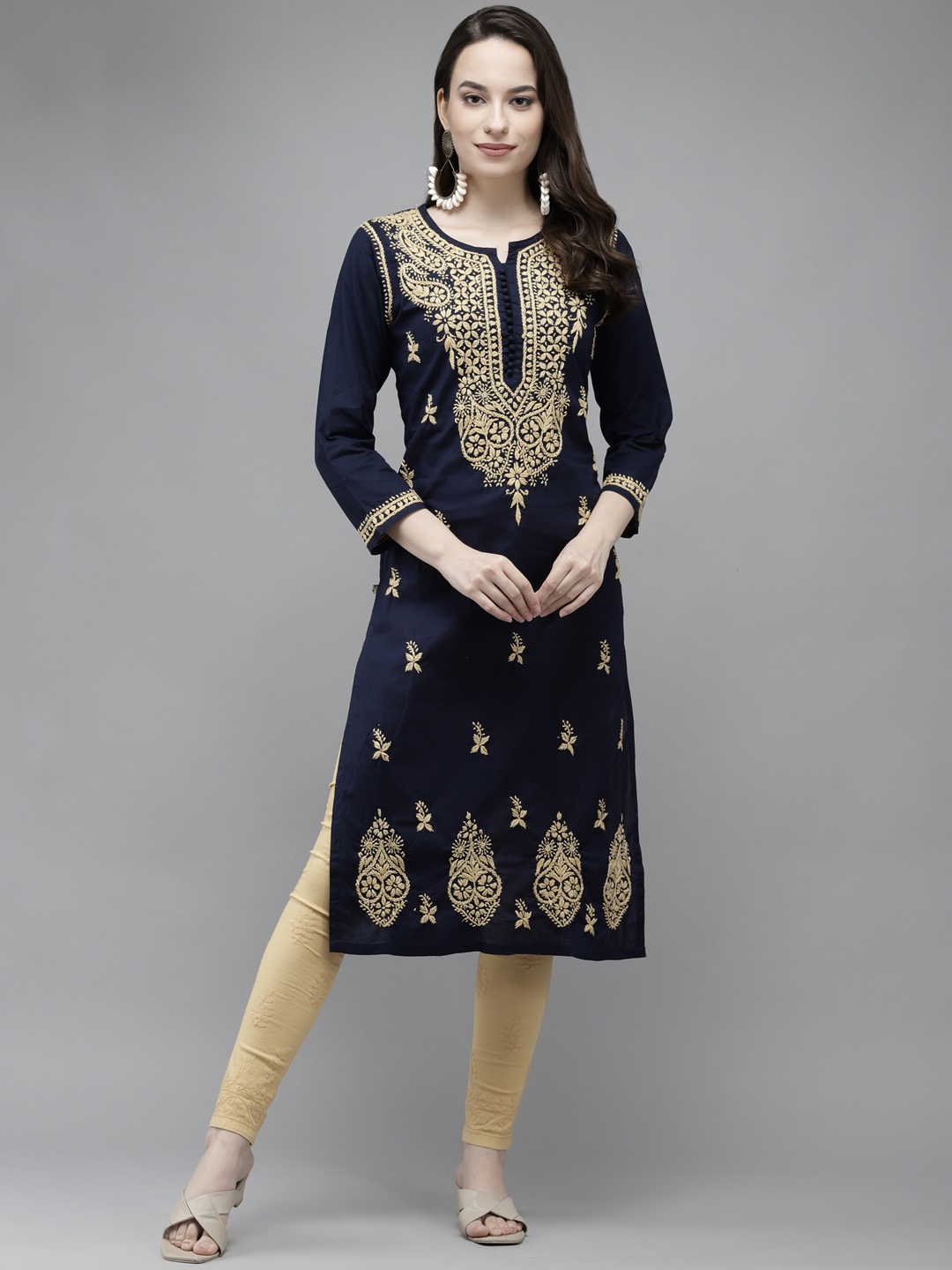 

ADA Women Navy Blue Ethnic Motifs Embroidered Regular Chikankari Handloom Kurta with Churidar