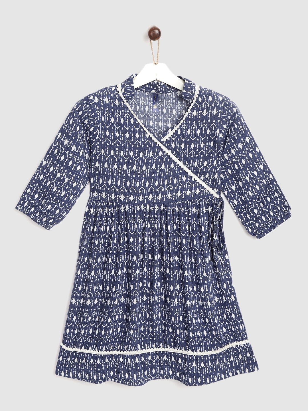 

YK Navy Blue & White Ethnic Motifs Ethnic Angrakha Dress