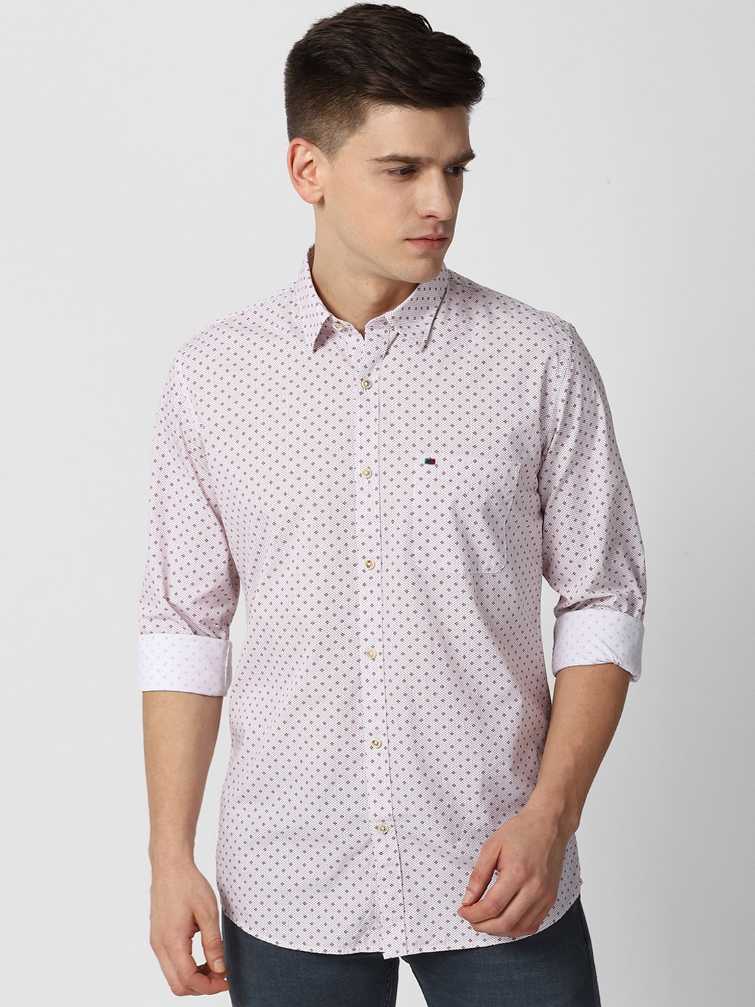 

Peter England Casuals Men Beige Slim Fit Opaque Printed Pure Cotton Casual Shirt