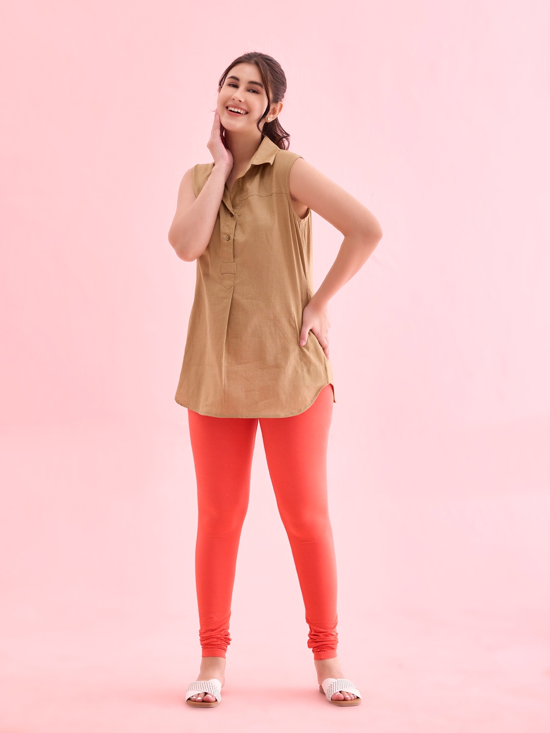 

Go Colors Women Coral Red Solid Churidar-Length Cotton Leggings