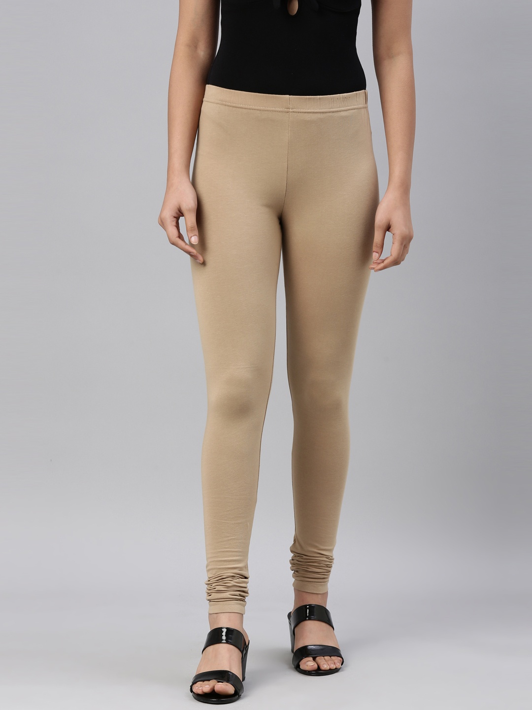 

Go Colors Women Khaki-Coloured Solid Cotton Churidar-Length Leggings