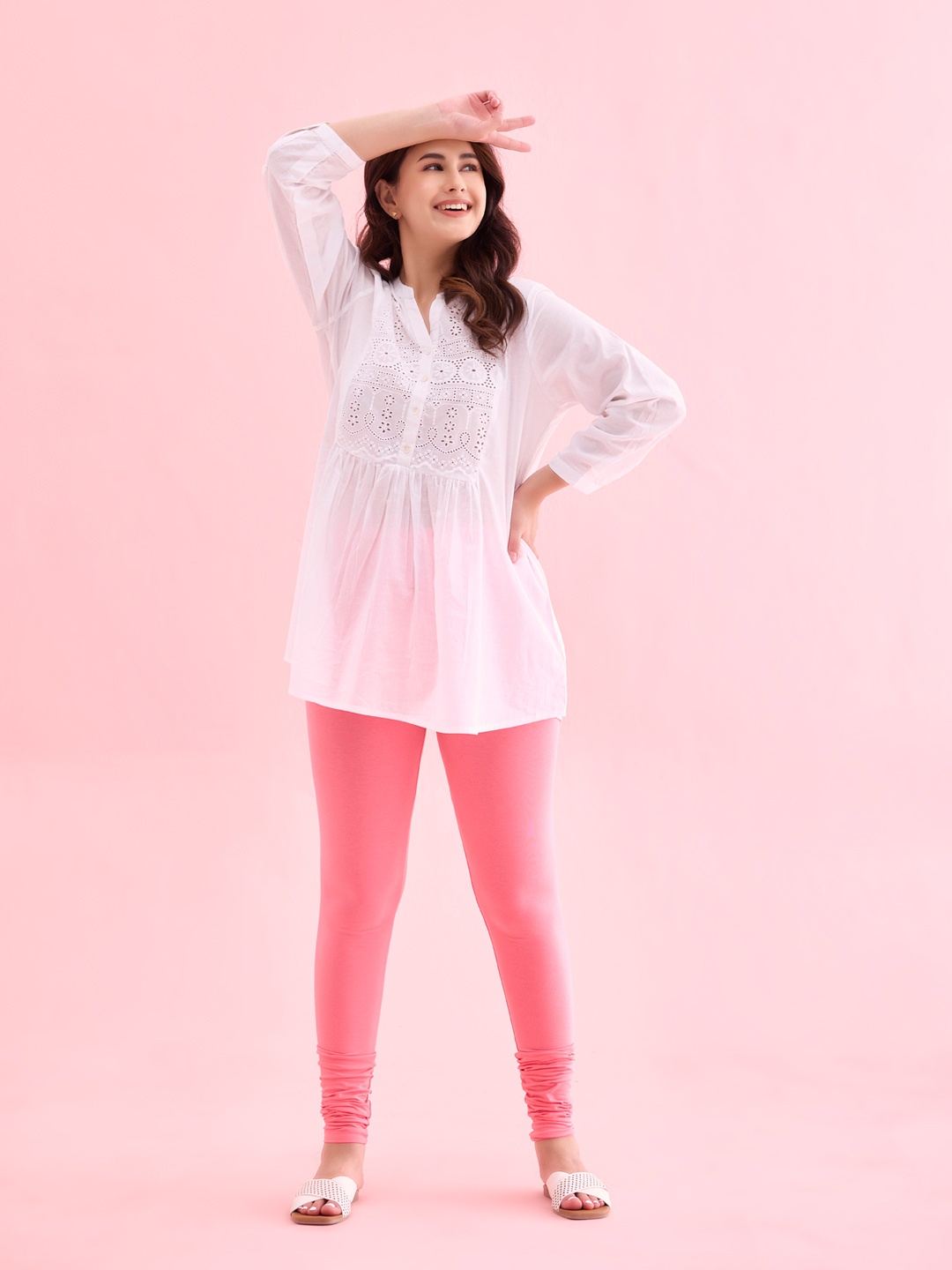 Go Colors Women Pink Solid Cotton Churidar-Length Leggings