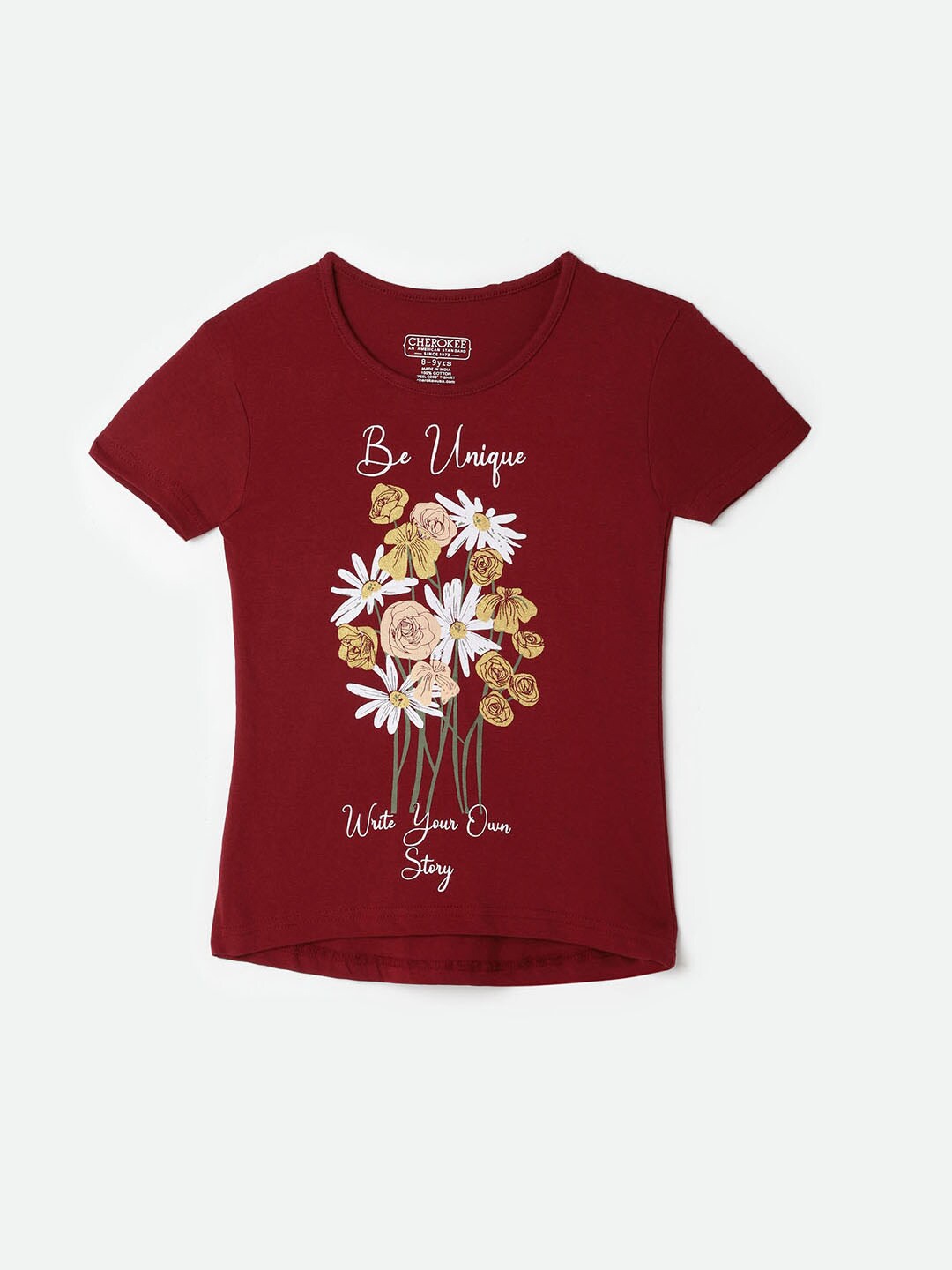 

Cherokee Girls Maroon Printed Pure Cotton T-shirt